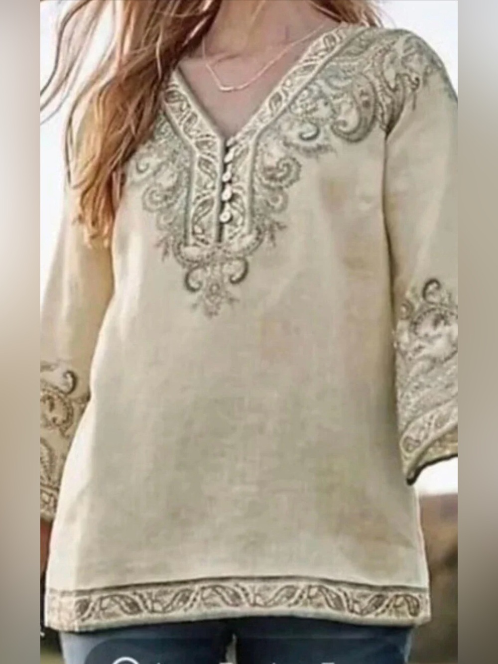 J Jill love linen ornate paisley barley top size Medium petite V-Neck boho